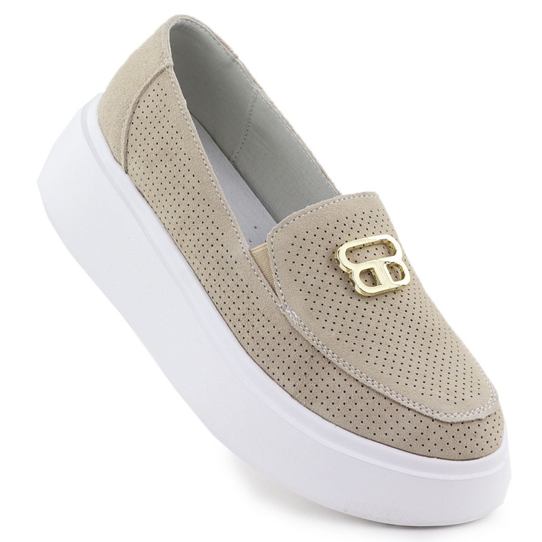 Mocasines de cuero perforado en la plataforma Vinceza 93204 beige