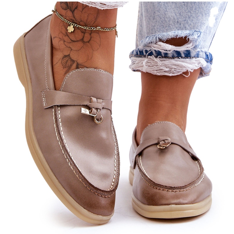 Mocasines de inserto de cuero gris para mujeres beige