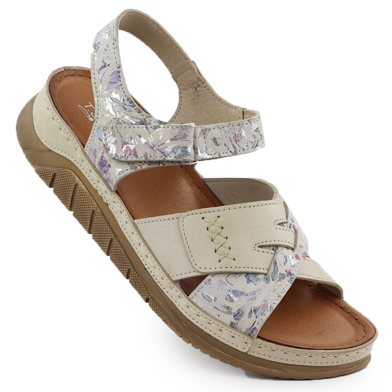Cuero cómoda sandalias de velcro con flores beige T.Sokolski L25-173