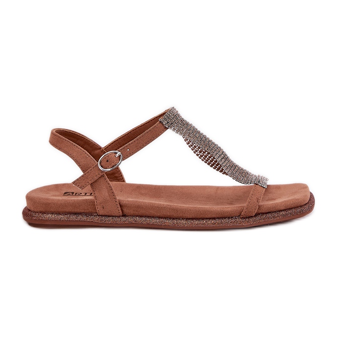 Sandalias de mujer plana elegantes con Artiker 56C1365 Cristales Brown marrón