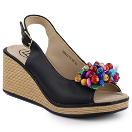 Sandalias de cuña de cuero con coloridas cuentas negras Filippo DS6021 negro