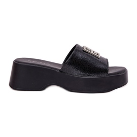 Vinceza Chanclas de cuero para mujeres con decoración Vincez 79526 Negro
