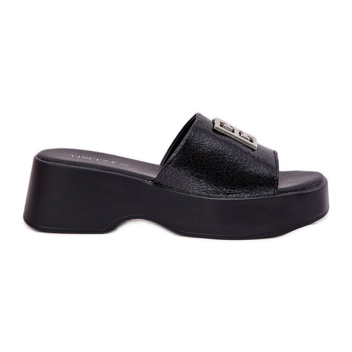 Vinceza Chanclas de cuero para mujeres con decoración Vincez 79526 Negro