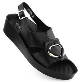 S.Barski Sandalias de cuero para mujeres en cuñas Czarne S. Barski KV51-031 negro