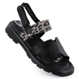Sandalias de cuero para mujeres con estampado de leopardo Vinceza 66780 negro