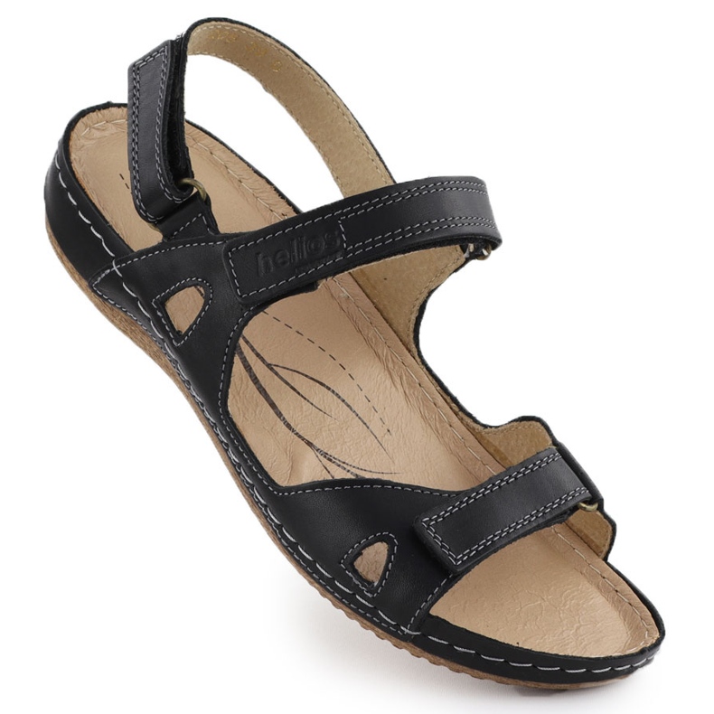 Las cómodas sandalias de cuero para mujeres para velcro Black Helios 205-011 negro Las cómodas sandalias de cuero para mujeres para velcro Black Helios 205-011 negro