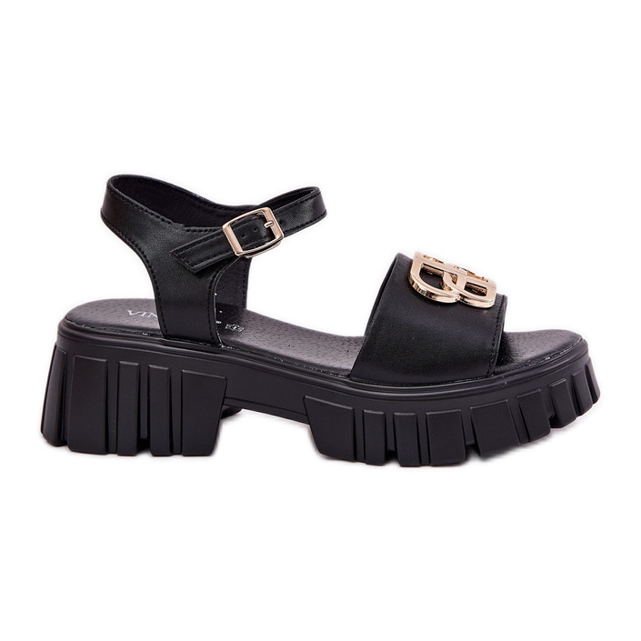 Vinceza Sandalias de cuero para mujeres con un detalle dorado Vincez 79541 Negro