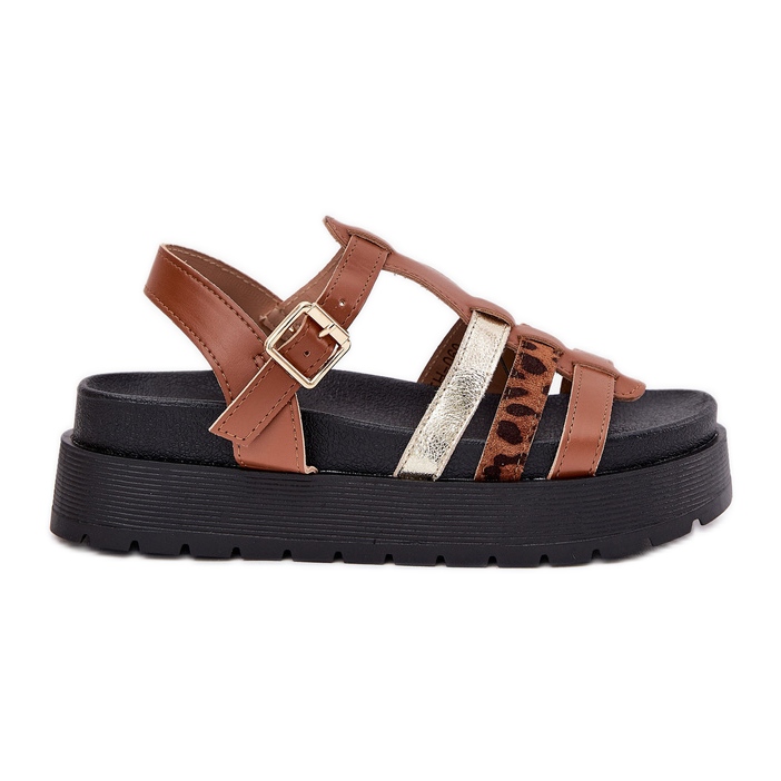 Inna Sandalias para mujeres con rayas en la plataforma Camel marrón