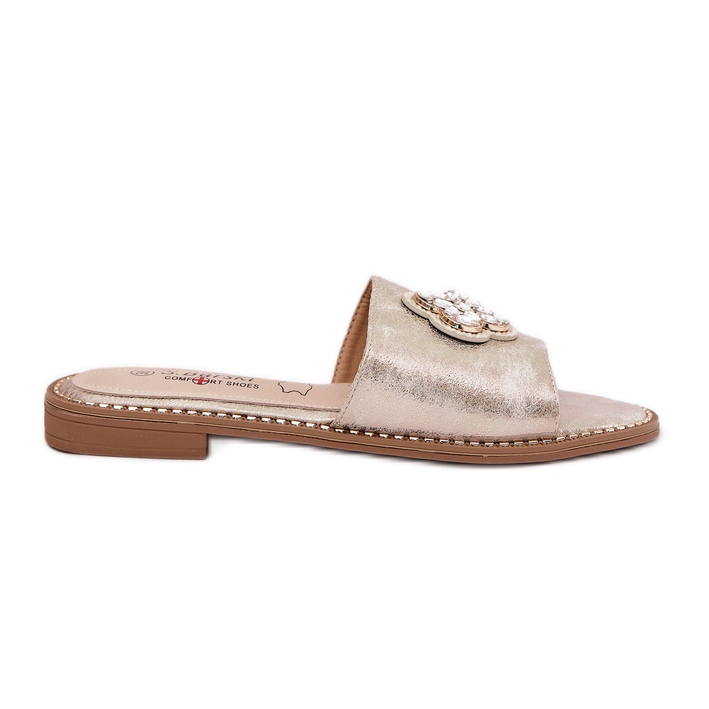 S.Barski Chanclas para mujeres de tacón plano con detalles decorativos S. Barski KV51-087 PLN dorado