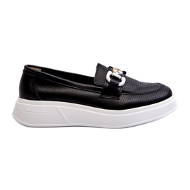 S.Barski Mocasines de cuero para mujeres en Plataforma Czarne S. Barski LR720 con un adorno negro S.Barski Mocasines de cuero para mujeres en Plataforma Czarne S. Barski LR720 con un adorno negro