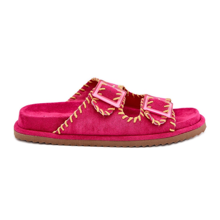 Inna Chanclas para mujeres con hebillas y un dobladillo decorativo de fucsia rosado
