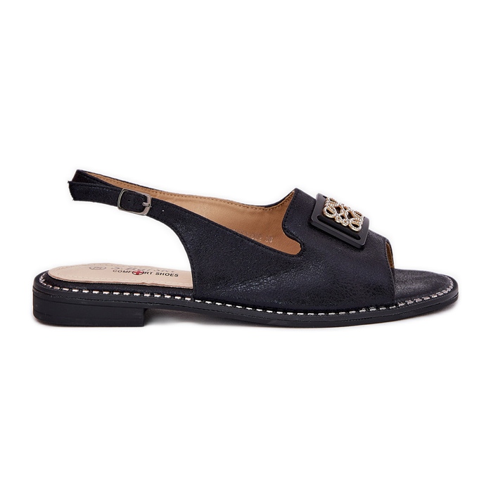 S.Barski Elegantes sandalias planas para mujeres con un adorno de S. Barski KV51-082 Negro