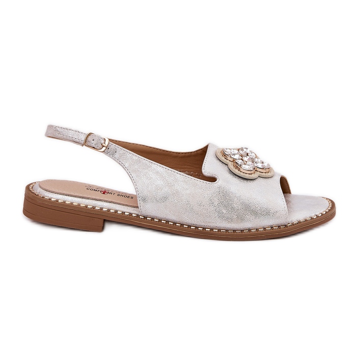 S.Barski Sandalias para mujeres de tacón plano con detalle decorativo S. Barski KV51-080 Plata
