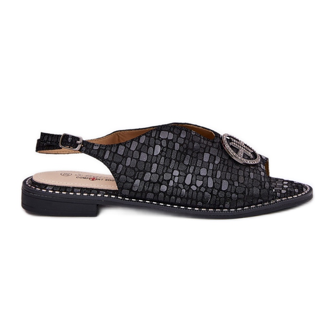 S.Barski Sandalias de cuero de tacón plano con un adorno de S. Barski KV51-094 Negro