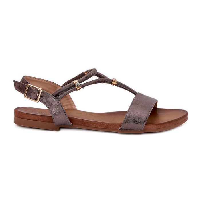 S.Barski Sandalias planas para mujeres con S. Barski KV51-120 Rayas de grafito plata S.Barski Sandalias planas para mujeres con S. Barski KV51-120 Rayas de grafito plata