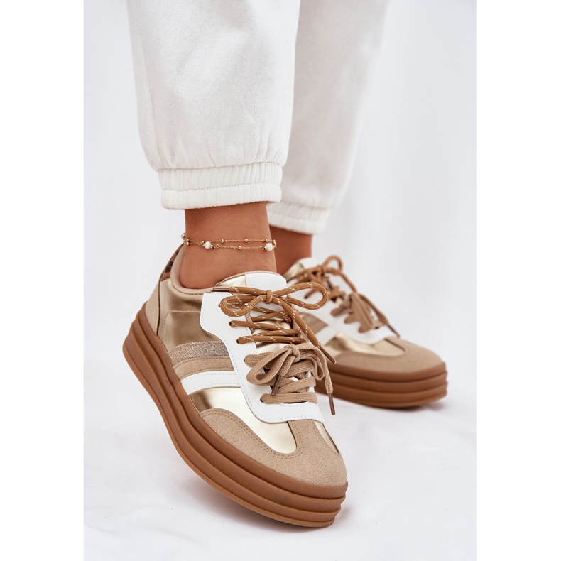 Zapatillas de deporte femeninas en la plataforma con leopardo de leopardo de cordón doble dorado Zapatillas de deporte femeninas en la plataforma con leopardo de leopardo de cordón doble dorado