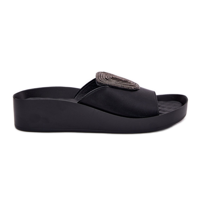 S.Barski Zapatillas de cuero para mujeres con un adorno KV51-028 Negro