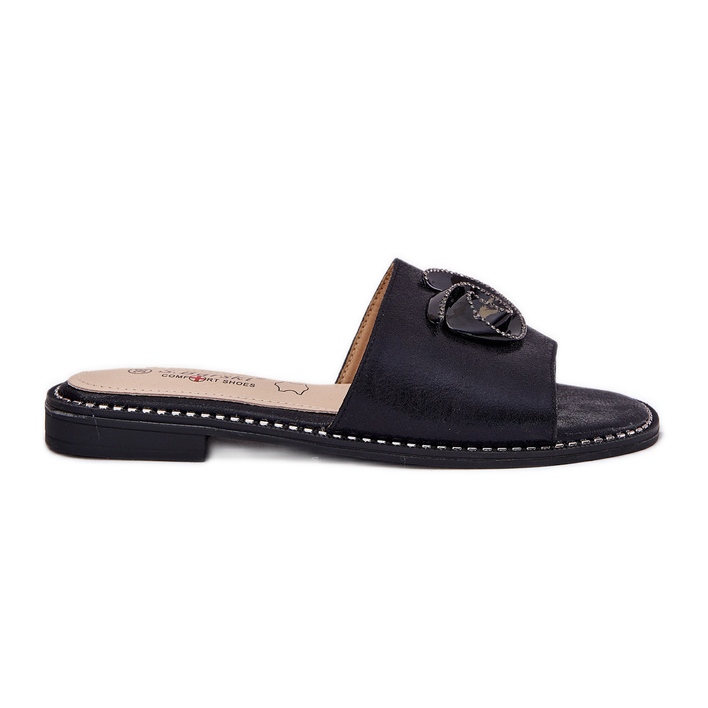 S.Barski Chanclas para mujeres de tacón plano con KV51-007 Negro Detalle Negro Negro Negro
