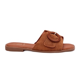 Chanclas de mujer plana con hebilla de camello marrón