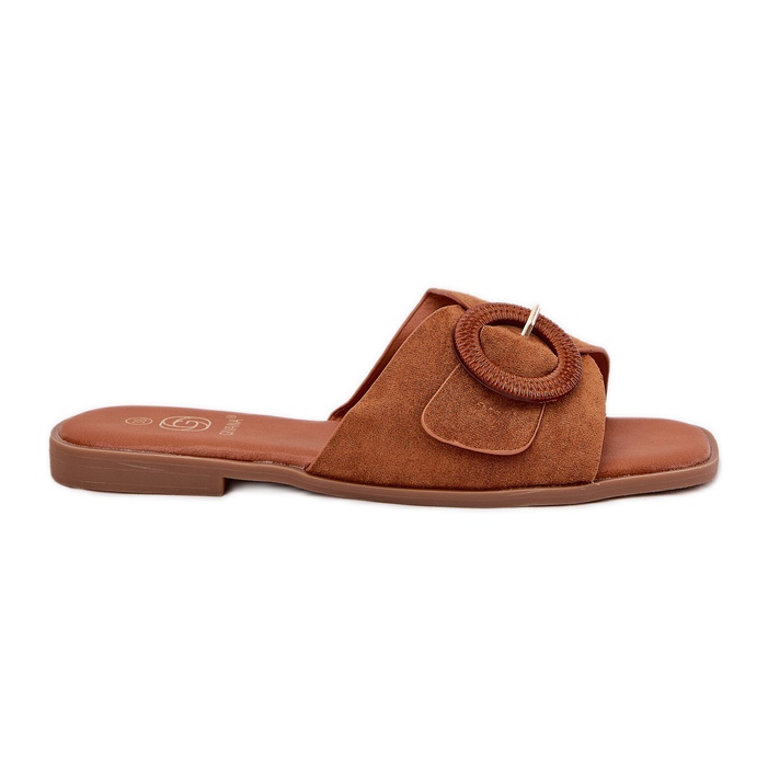 Chanclas de mujer plana con hebilla de camello marrón