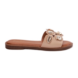Chanclas de mujer plana con alfileres dorados beige