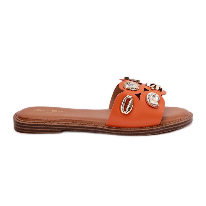 Chanclas de mujer plana con alfileres dorados naranja