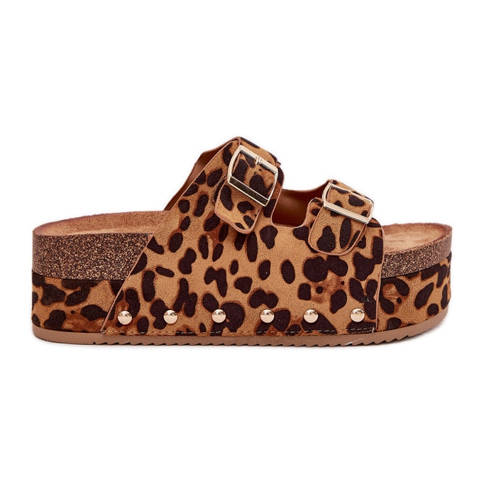 Flip folladas para mujeres con hebillas en una plataforma de leopardo masiva marrón Flip folladas para mujeres con hebillas en una plataforma de leopardo masiva marrón