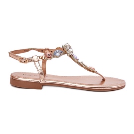 Sandalias de mujer de cañón plano con cristales de oro rosa dorado