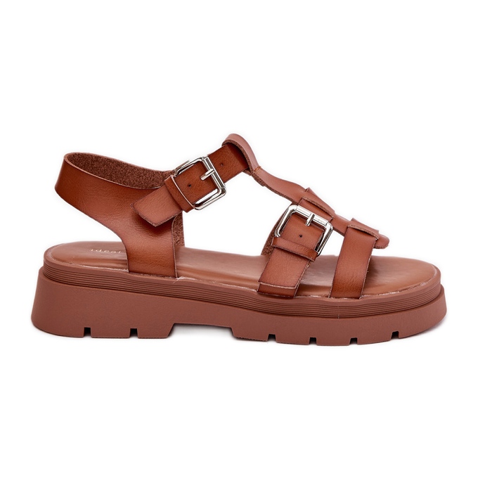 Sandalias de cuero ecológica para mujeres con hebillas de camello marrón
