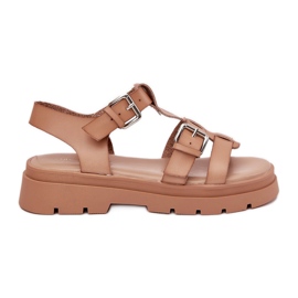 Sandalias de cuero ecológica para mujeres con hebillas de color caqui beige