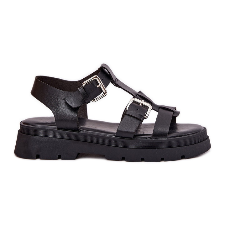 Sandalias de cuero ecológica para mujeres con hebillas negras negro