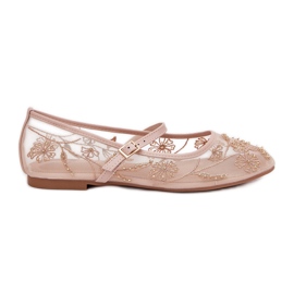Ballerinas de malla con bordado y decoración beige
