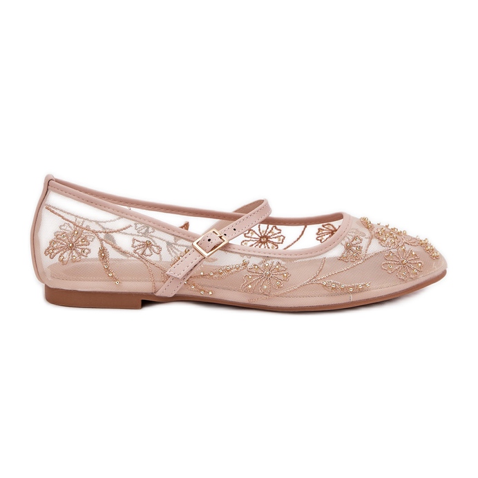 Ballerinas de malla con bordado y decoración beige