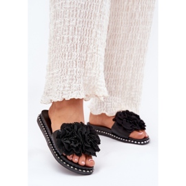 Chanclas para mujeres con flores de tela negras negro