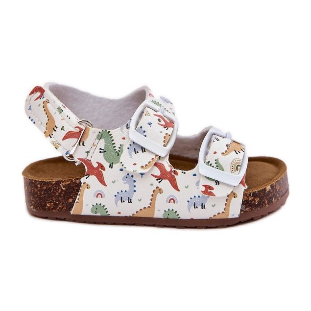Sandalias para niños en una suela de corcho con hebillas Dinosaurios Multicolor blanco Sandalias para niños en una suela de corcho con hebillas Dinosaurios Multicolor blanco