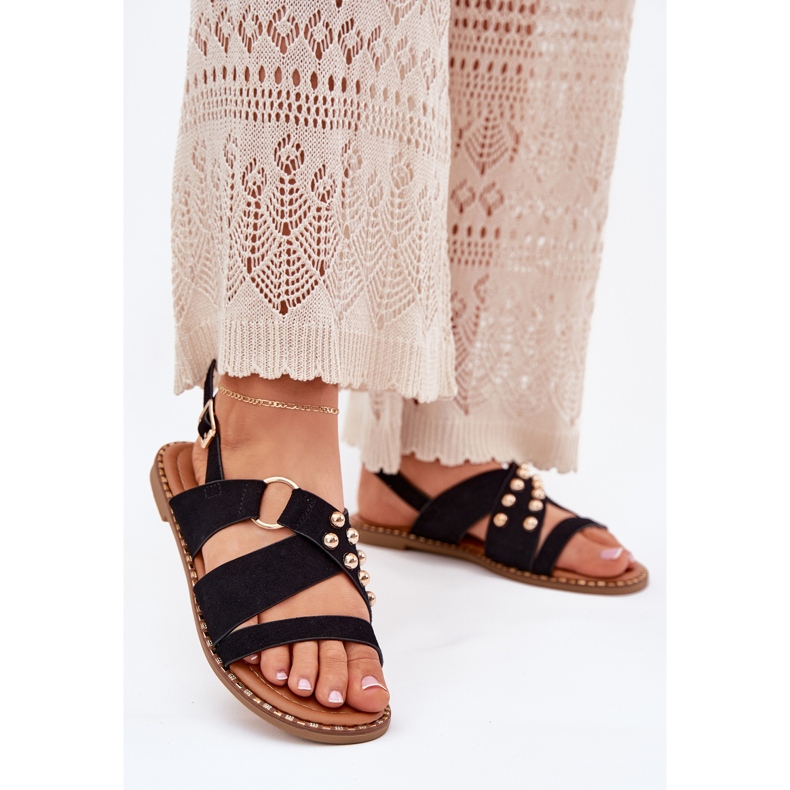 Sandalias de mujer de late plana con tachuelas doradas negras negro