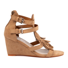 Shelvt Sandalias marrones para cuña con flecos marrón
