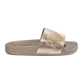Shelvt Chanclas doradas planas con una inscripción dorado