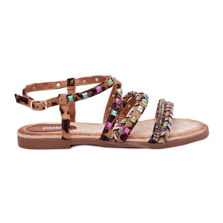 Sandalias para mujeres con decoración y cinturones de leopardo tejidos marrón