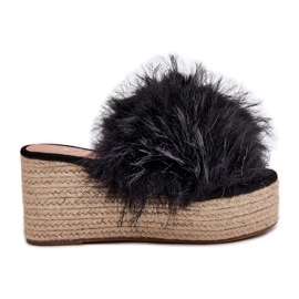 Chanclas para mujeres con cuña con pelaje y trenza negra negro