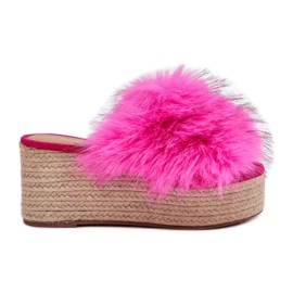 Cuñas de mujeres con cuña con pieles y trenza fucsia rosa