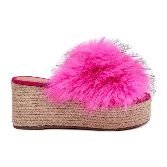 Cuñas de mujeres con cuña con pieles y trenza fucsia rosado
