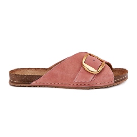 Chanclas de cuero con una abrazadera dorada maciejka 07000-15 rosa rosado