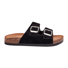 Zapatillas para mujeres en una plataforma de corcho con abrazaderas negras negro