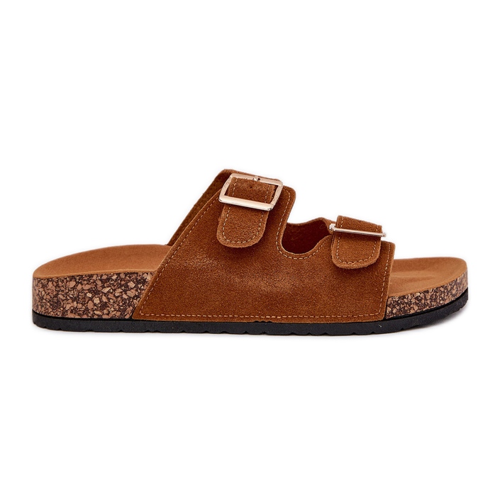 Boto Chanclas para mujeres con abrazaderas doradas y costuras de camello marrón