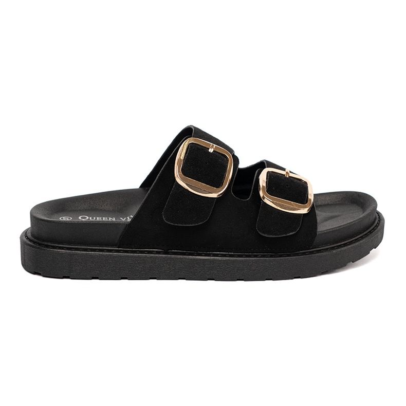 Shelvt Chanclas negras de las mujeres con hebillas doradas negro Shelvt Chanclas negras de las mujeres con hebillas doradas negro