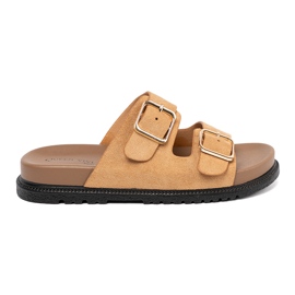 Shelvt Zapatillas para mujeres caramelo con hebillas doradas Shelvt Zapatillas para mujeres caramelo con hebillas doradas