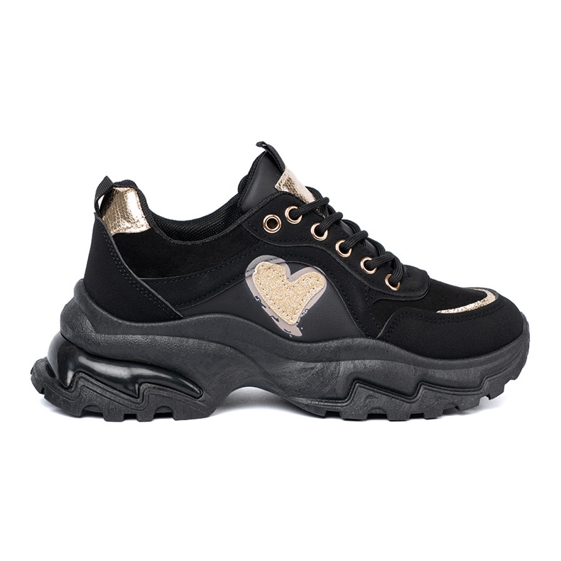 Shelvt Zapatillas negras con un corazón dorado decorativo negro Shelvt Zapatillas negras con un corazón dorado decorativo negro