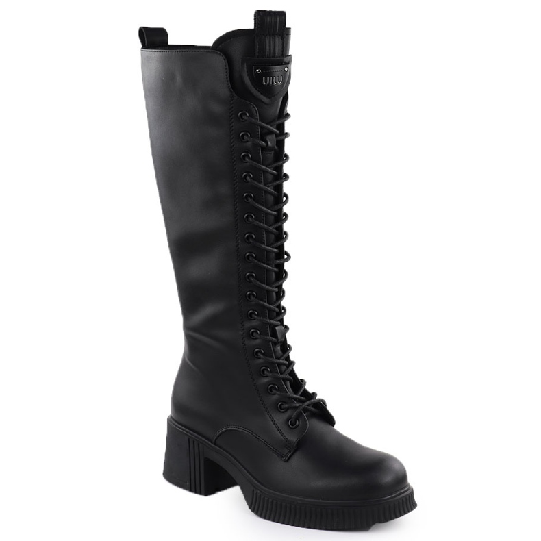 Botas de cuero para mujeres Lace de encaje: Bloque en el bloque negro Vinceza 66804