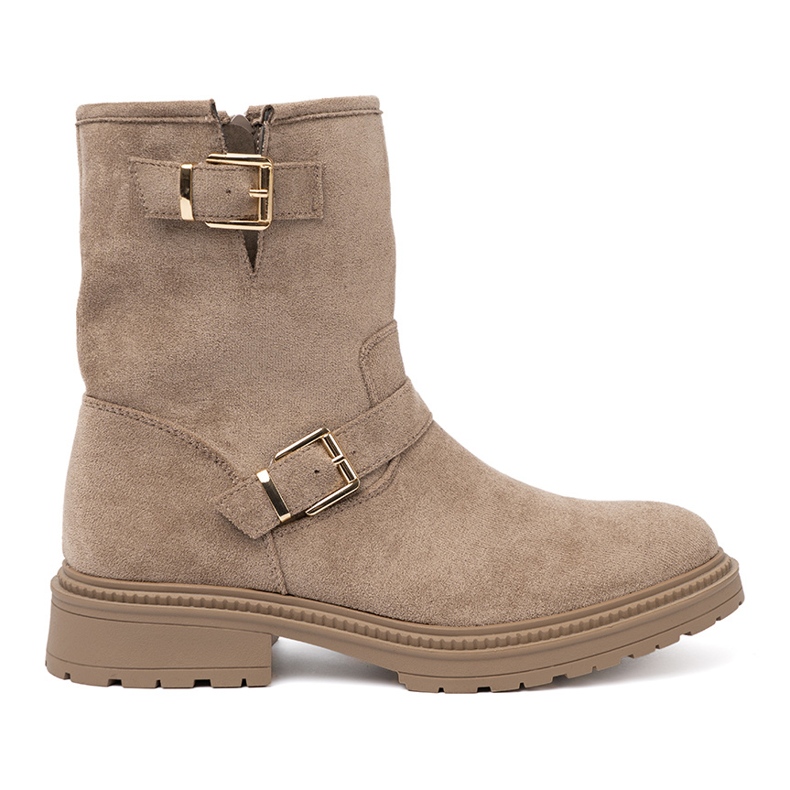 Shelvt Botas de ante beige con hebillas decorativas Shelvt Botas de ante beige con hebillas decorativas